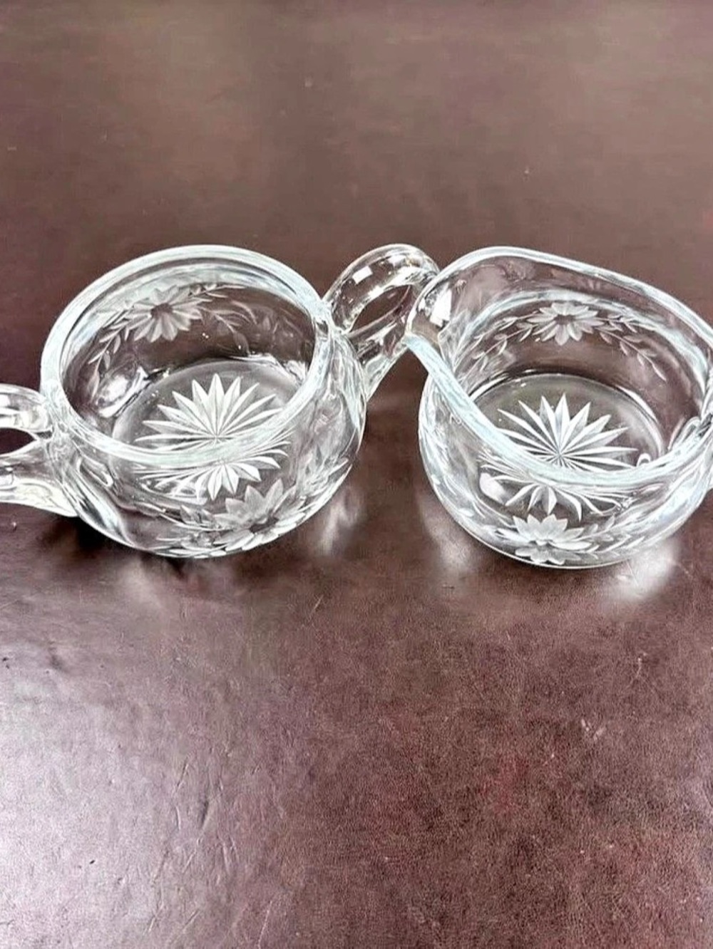 Vintage Clear Glass Creamer Sugar Bowl Set Floral Etched Starburst